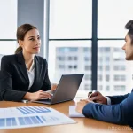 기업가치평가사 인사 평가 - **Prompt:** A dynamic performance review in a modern, sunlit office. A female business valuation spe...