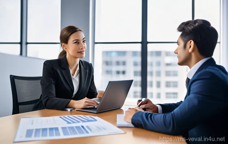 기업가치평가사 인사 평가 - **Prompt:** A dynamic performance review in a modern, sunlit office. A female business valuation spe...