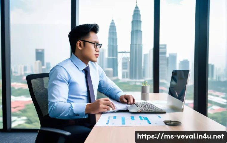 기업가치평가사 직무와 관련된 자격증 - A professional Malaysian business analyst in smart casual attire, sitting at a modern office desk fi...