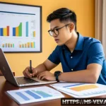 기업가치평가사 시험 준비 팁 - A focused study scene showing a young Malay adult male sitting at a tidy desk with a laptop open dis...