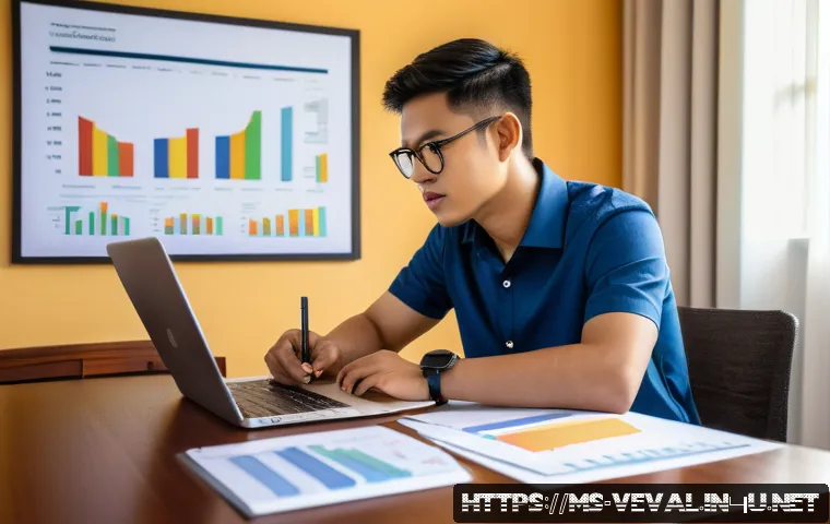 기업가치평가사 시험 준비 팁 - A focused study scene showing a young Malay adult male sitting at a tidy desk with a laptop open dis...