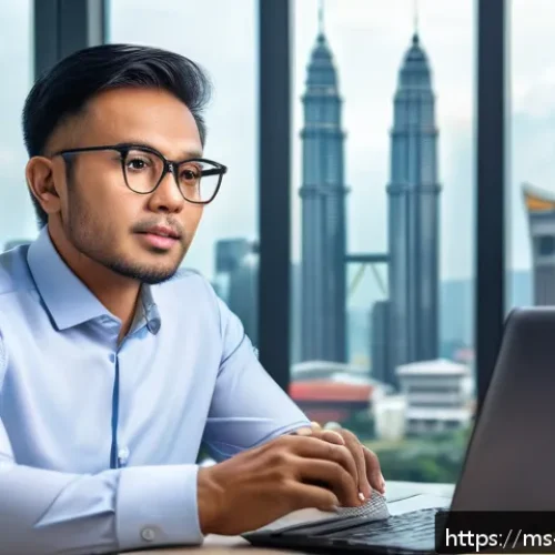 기업가치평가사 연봉 협상 전략 - A confident Malay professional man in business casual attire sitting at a modern office desk with a ...