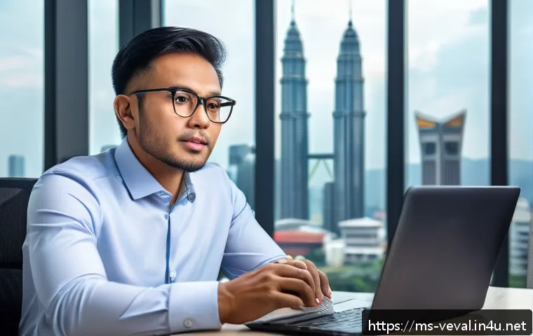 기업가치평가사 연봉 협상 전략 - A confident Malay professional man in business casual attire sitting at a modern office desk with a ...