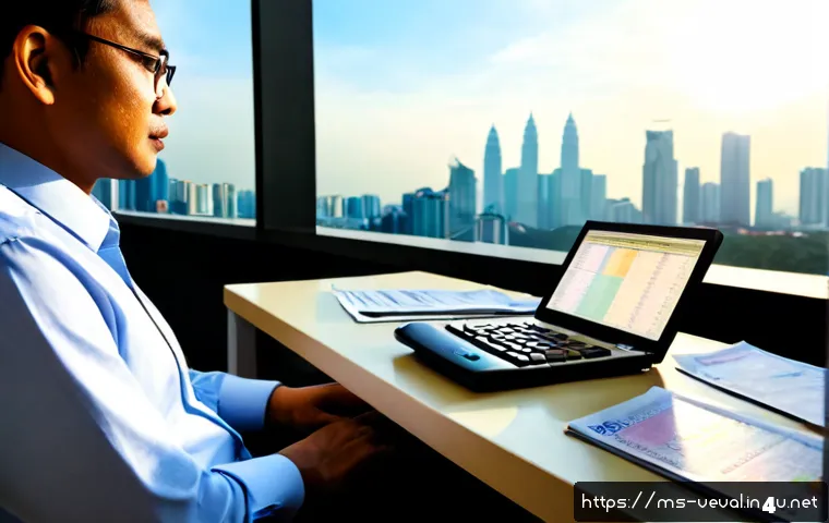기업가치평가사 회계 원칙 - Photorealistic Malaysian business valuation specialist reviewing accounting principles at a tidy mod...